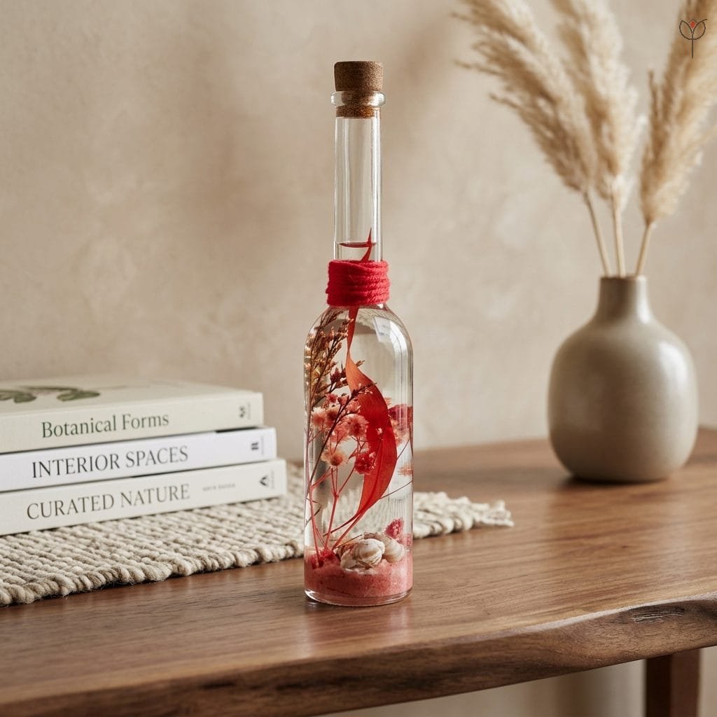 red-leaf-and-seashell-botanical-bottle Preserved red leaf and baby's breath with sand and shells