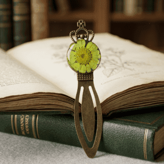 Handcrafted resin bookmark with a green flower and antique crown motif