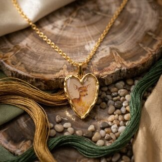 Handcrafted heart necklace featuring a fawn in clear resin