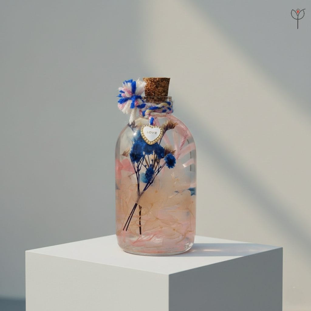 Romantic preserved hydrangea and baby's breath glass bottle