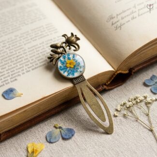 Sapphire Sun bookmark with blue Queen Anne's Lace and a yellow plum flower