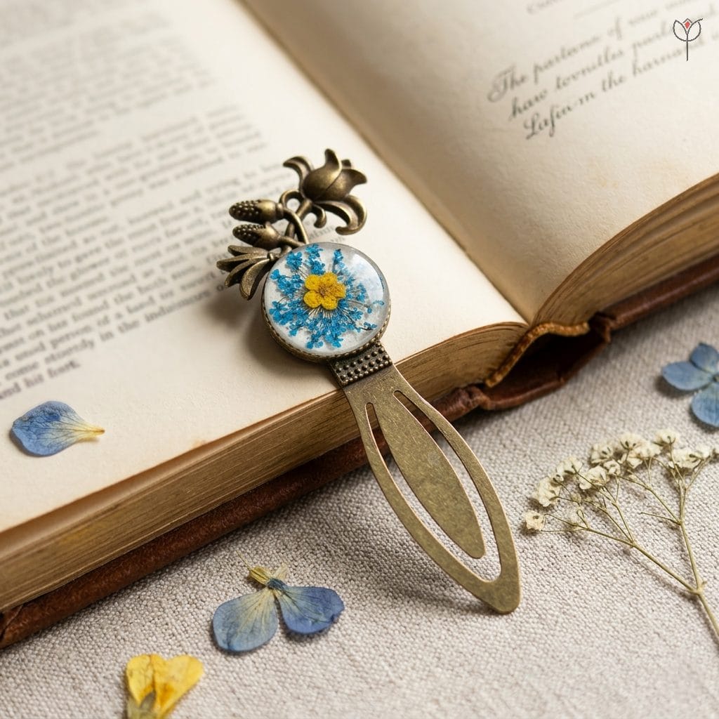 sapphire-sun-bookmark-mystikfalls Sapphire Sun bookmark with blue Queen Anne's Lace and a yellow plum flower
