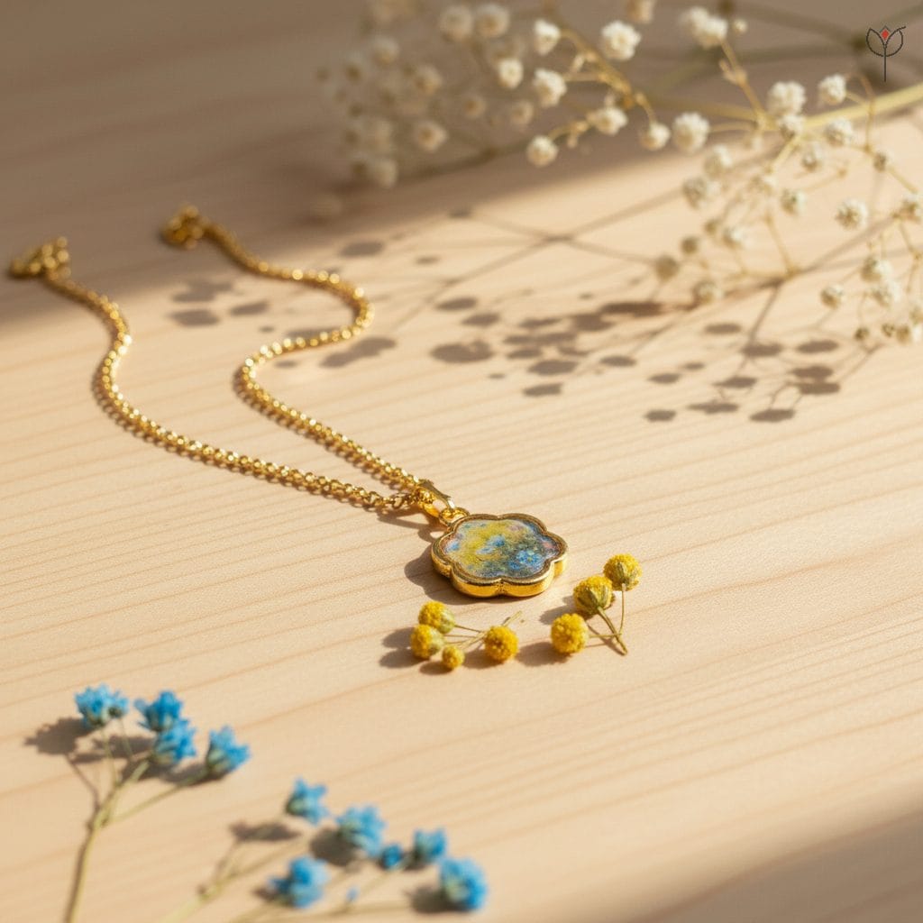 scalloped-floral-resin-necklace Handcrafted scalloped resin charm featuring a vintage-style