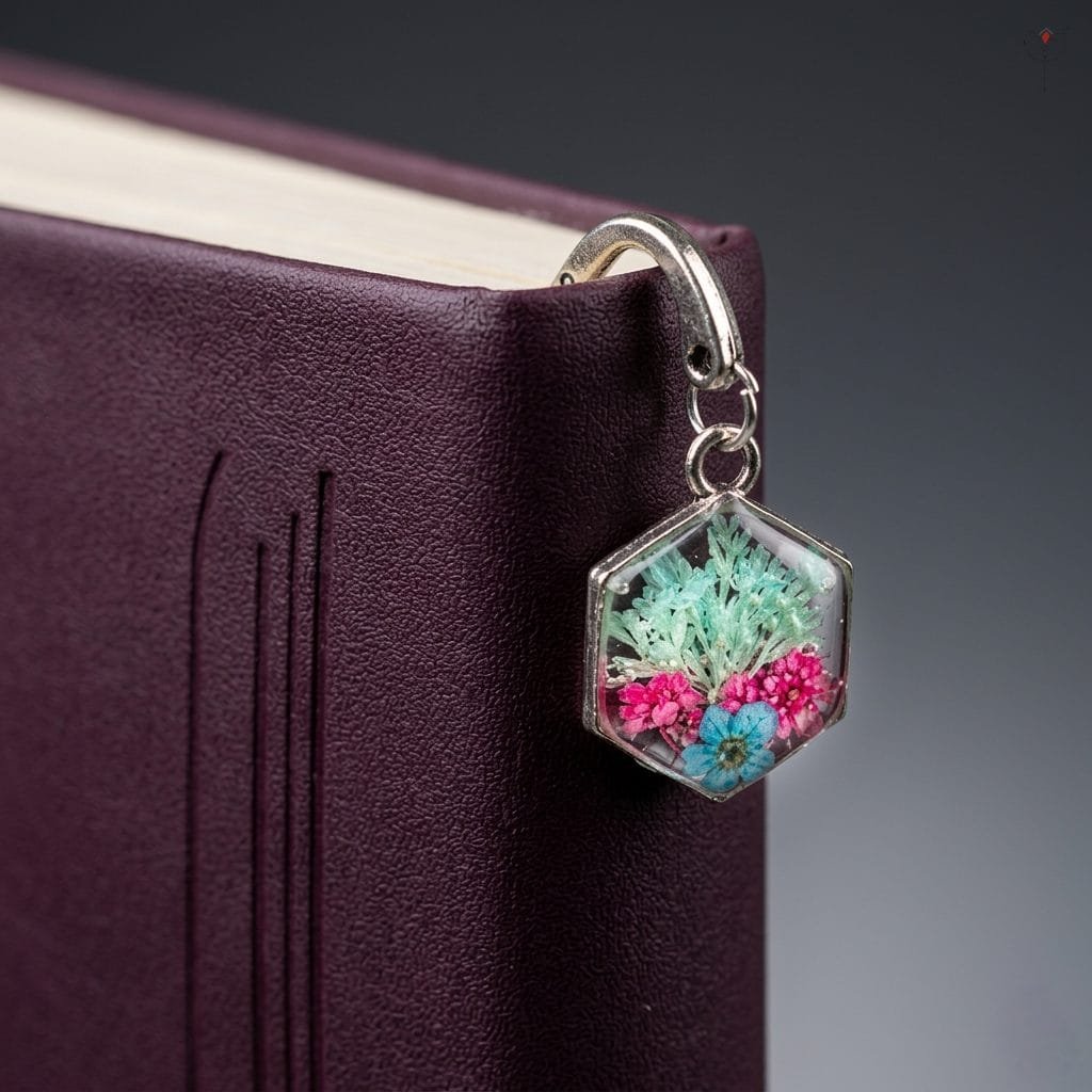 silver-hexagon-floral-resin-bookmark Handcrafted silver hook bookmark with real pink and turquoise flowers in resin