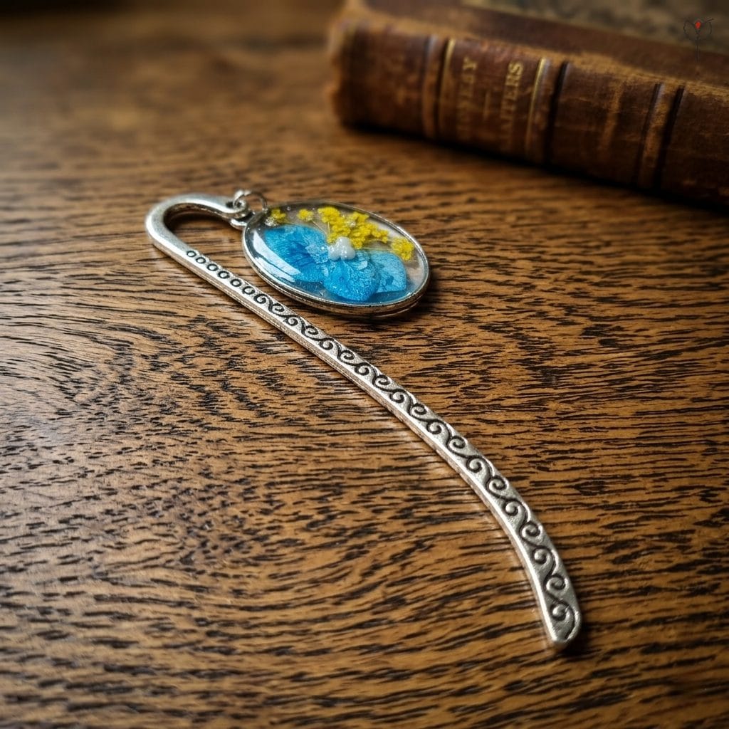 Handcrafted silver hook bookmark with real pressed blue and yellow flowers