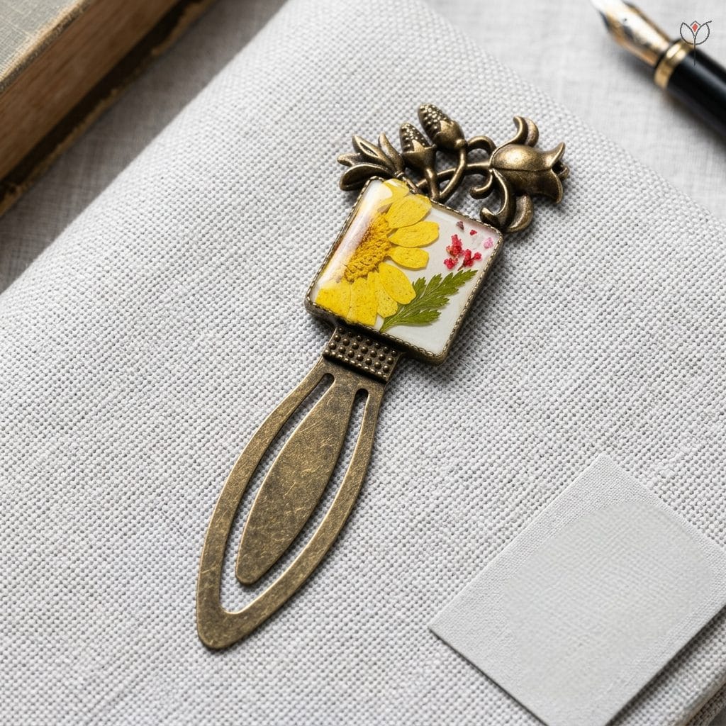 Close-up of Canvas of Nature bookmark showing real flowers