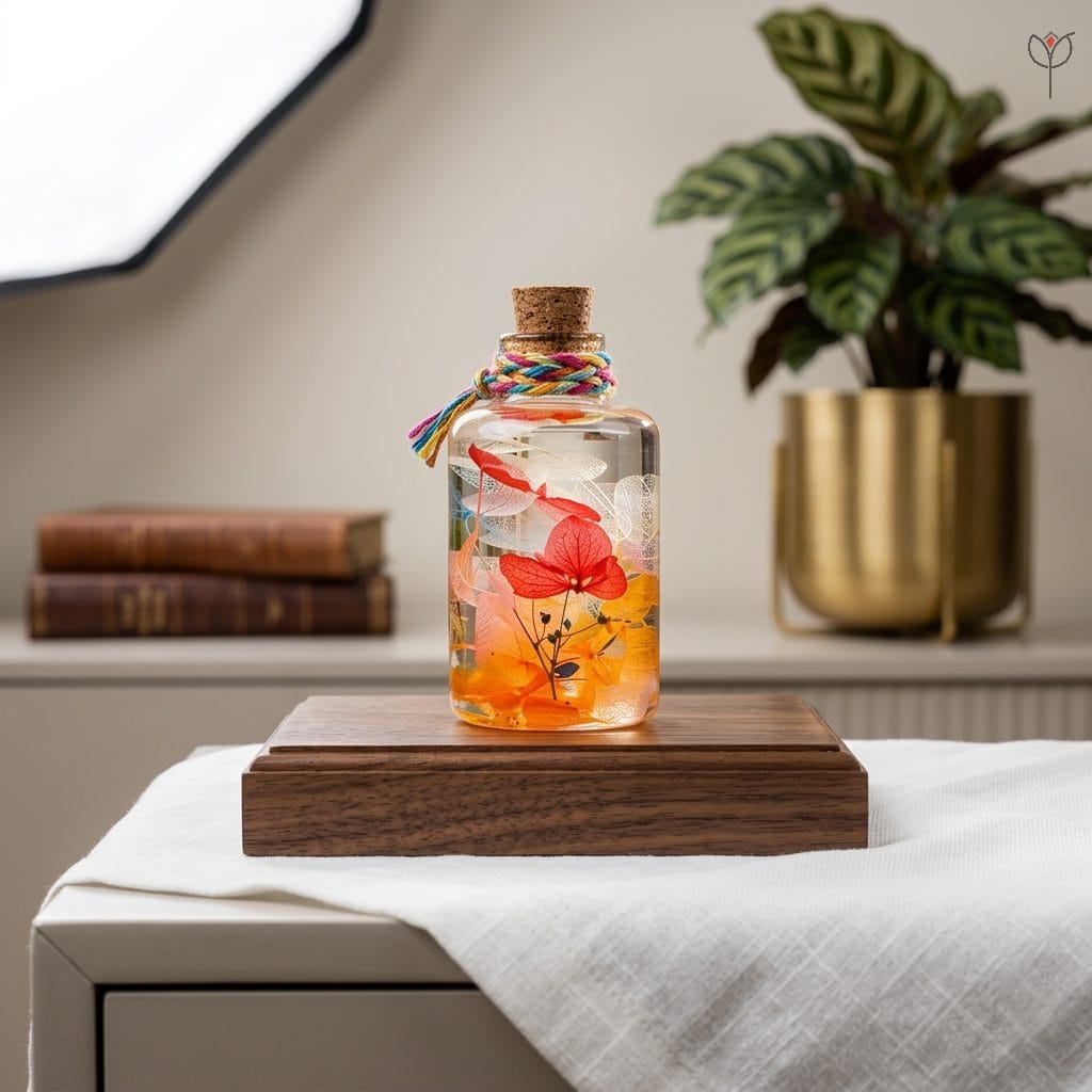 Dried red and cream hydrangea flowers in oil