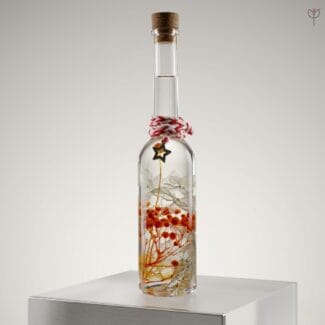 Red floral stems and translucent hydrangea in mineral oil