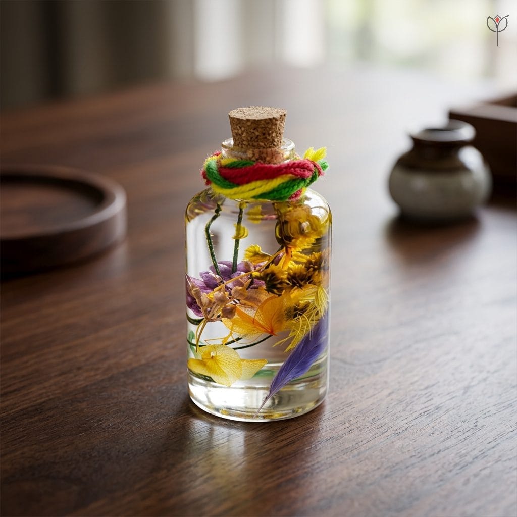 tropical-botanical-glass-bottle-decor Yellow hydrangea and sea lavender in mineral oil