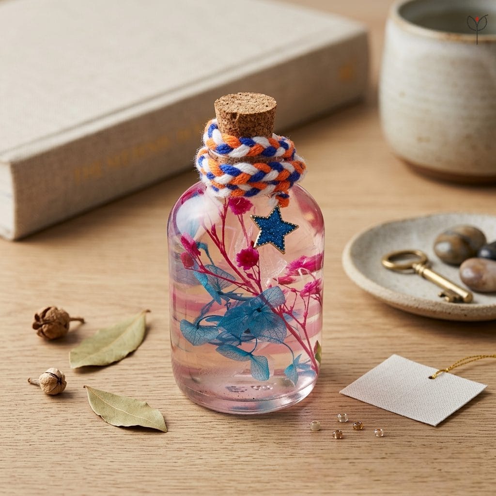 vibrant-pink-and-blue-botanical-bottle Pink preserved leaf and blue hydrangea glass garden