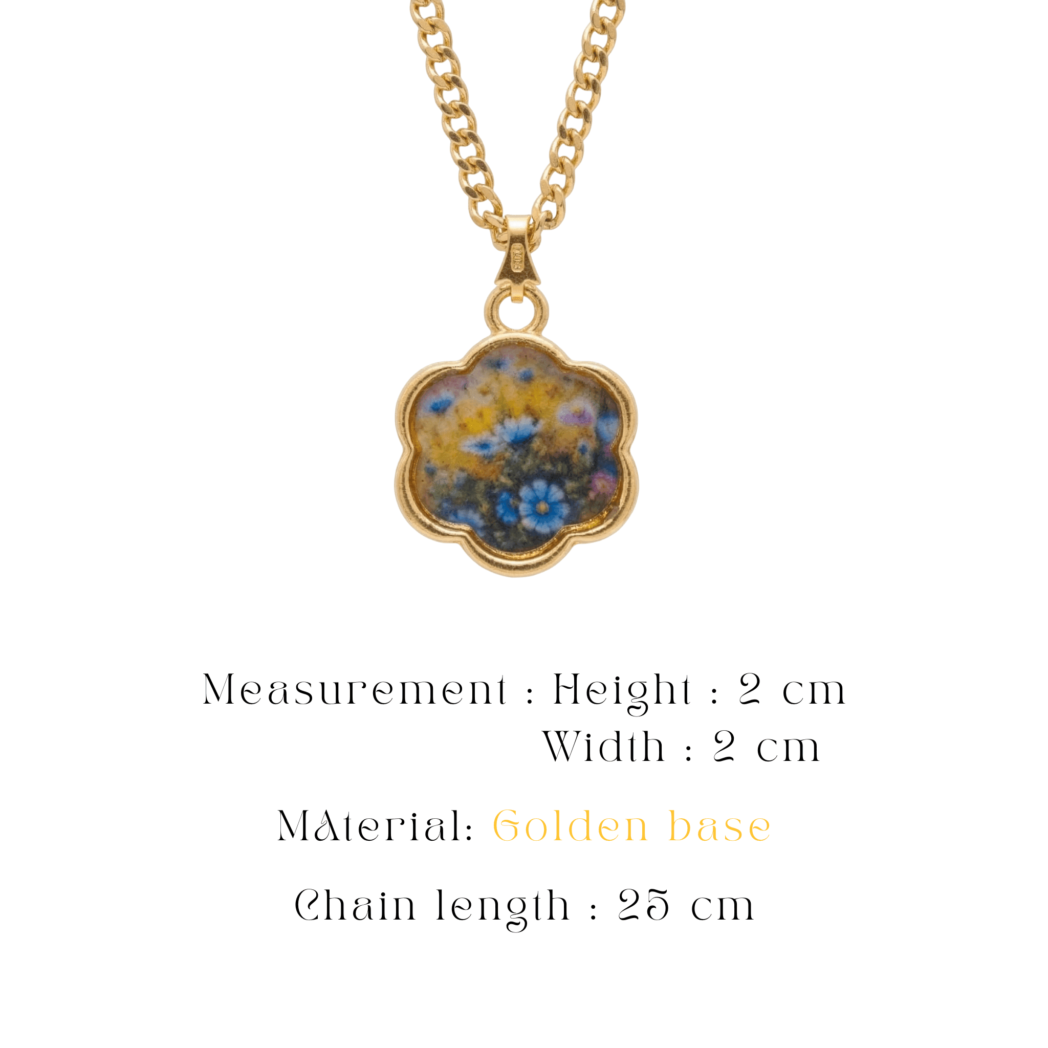 vintage-blossom-gold-pendant Scalloped gold-framed resin necklace with a colourful wildflower
