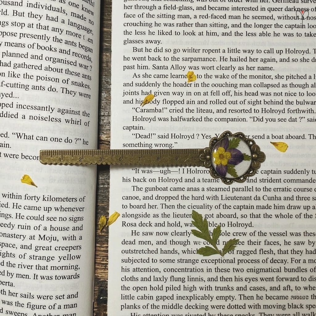 vintage-bronze-botanical-measure Close-up of the Amethyst Bloom Measure showing real pressed flowers in resin