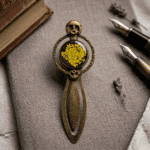 Close-up of The Runecaster’s bookmark showing the intricate runes and botanical centre