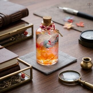 Red and orange hydrangea petals in glass garden