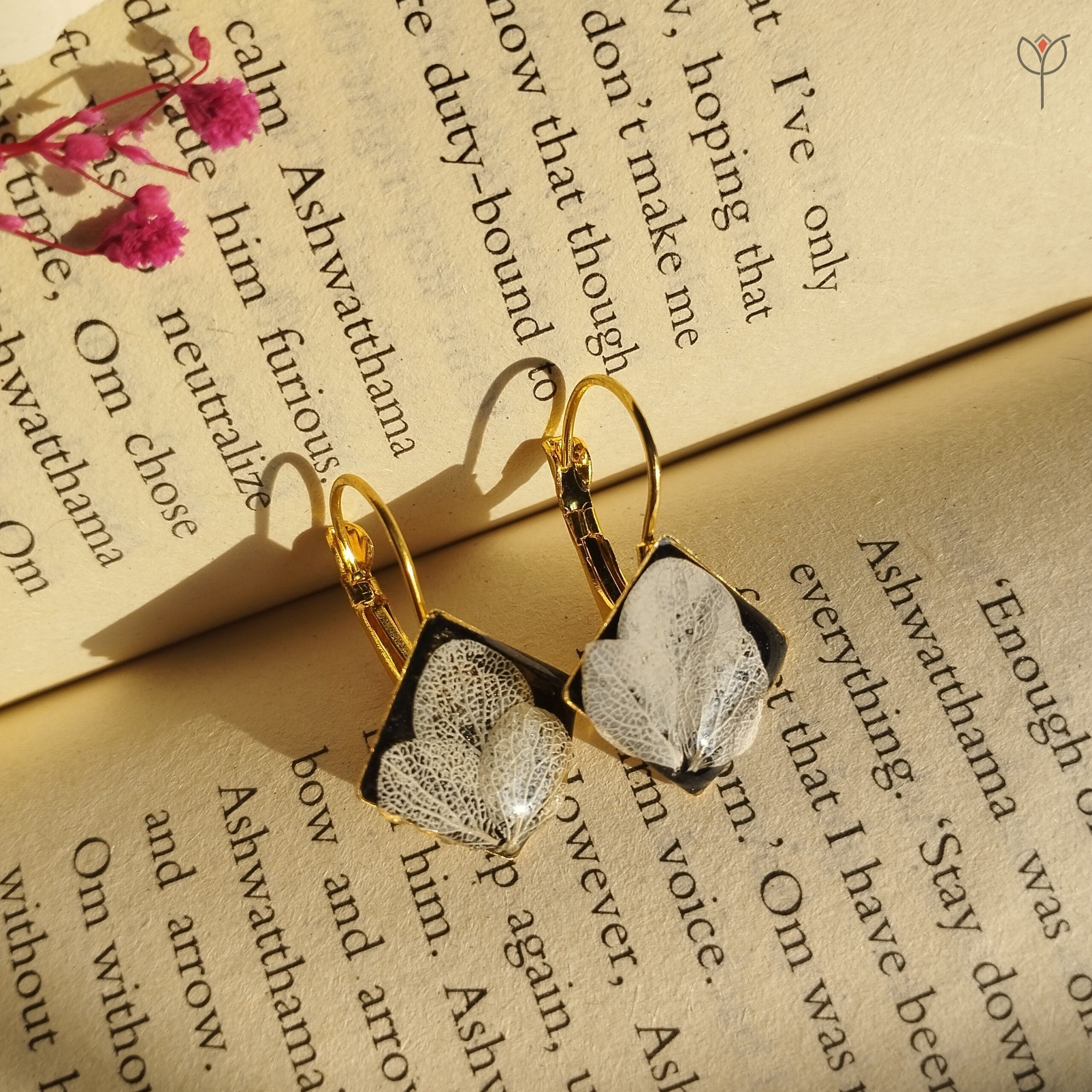 White hydrangea resin drop earrings