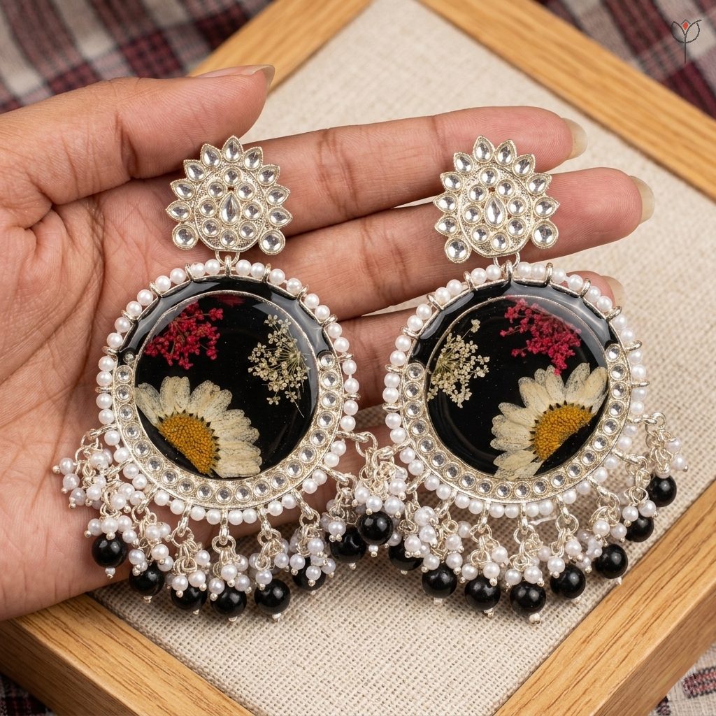botanical-kundan-jhumka Handcrafted floral jhumka earrings with pearls and Kundan stonework