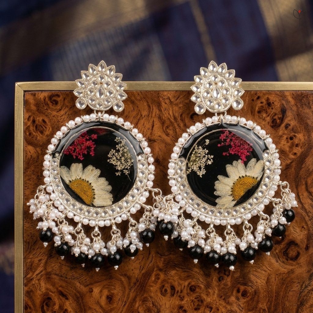 daisy-lace-jhumka Real preserved Daisy and Queen Anne’s Lace in a circular Kundan setting