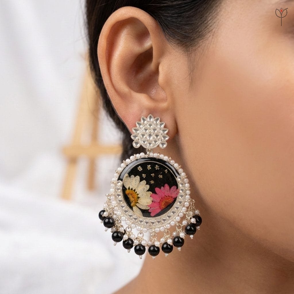 dusk-daisy-floral-jhumka Circular Dusk Daisy Kundan Jhumka with dark bead droplets on a wooden easel