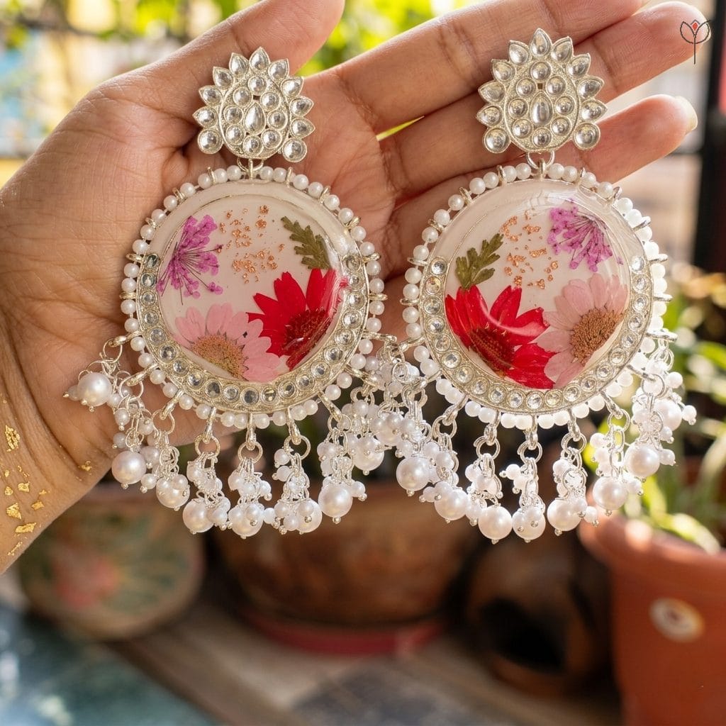 Handcrafted Moonlit Meadow Jhumka with preserved botanicals
