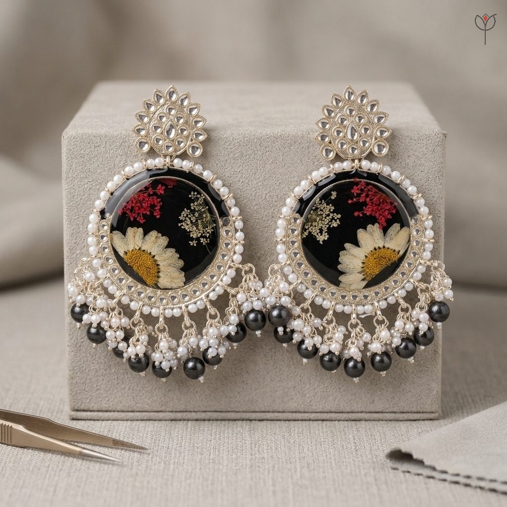 noir-meadow-jhumka Noir Meadow Kundan Jhumka with real Daisy and Queen Anne’s Lace