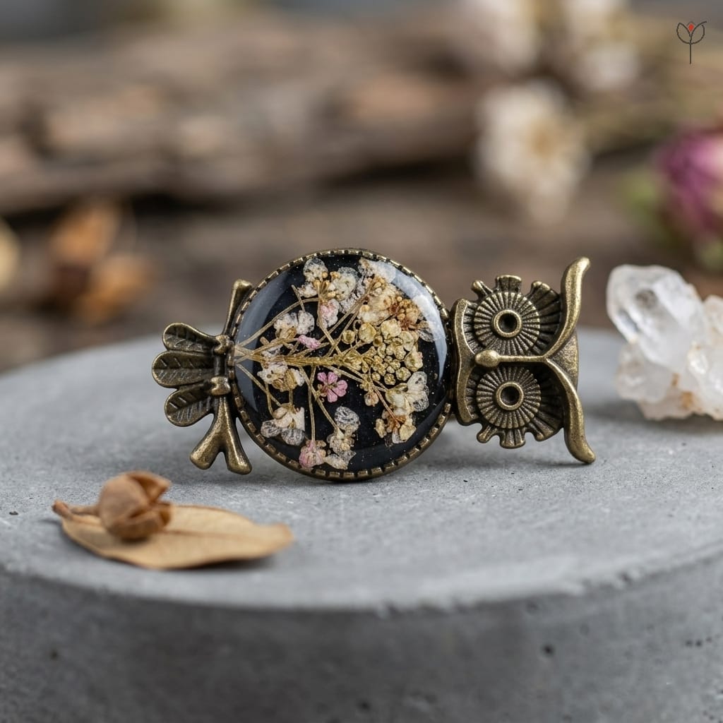 sora-ring-owl-handmade-botanical Sora Ring featuring a vintage owl and real white wildflowers in resin