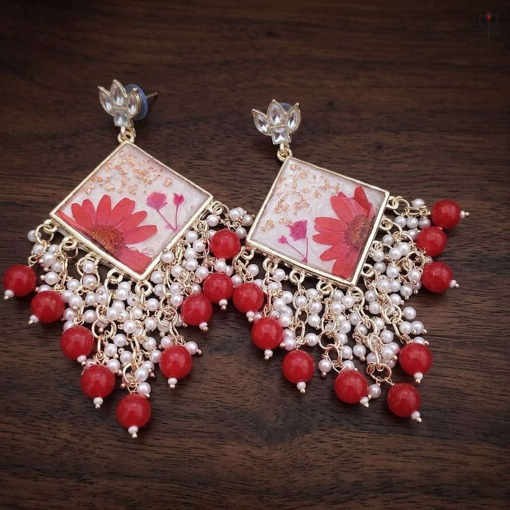 kaira-jhumka-kundan-resin-art-botanicals Close up of Kaira jhumka featuring kundan stones and real red daisy petals preserved in premium resin