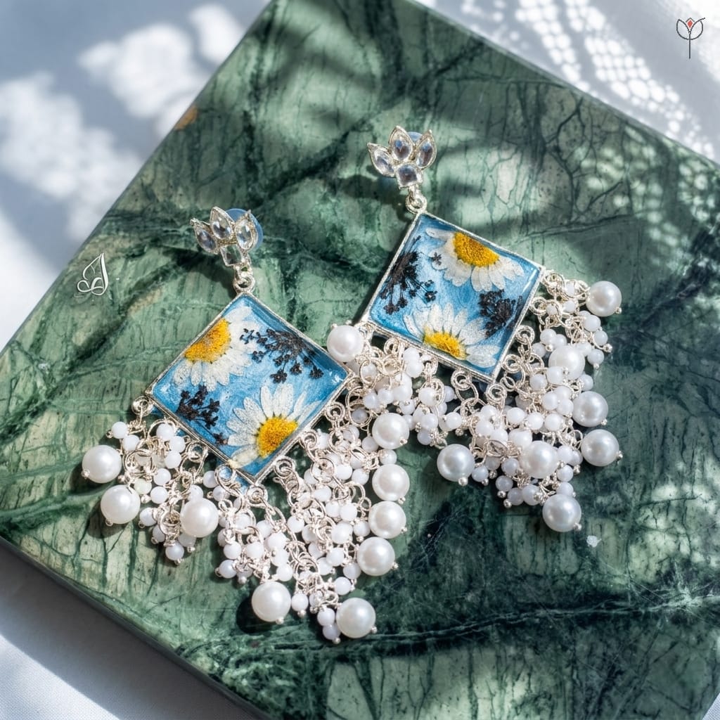 nyra-jhumka-kundan-resin-art-botanicals Close up of Nyra jhumka with kundan stones and real white daisy petals