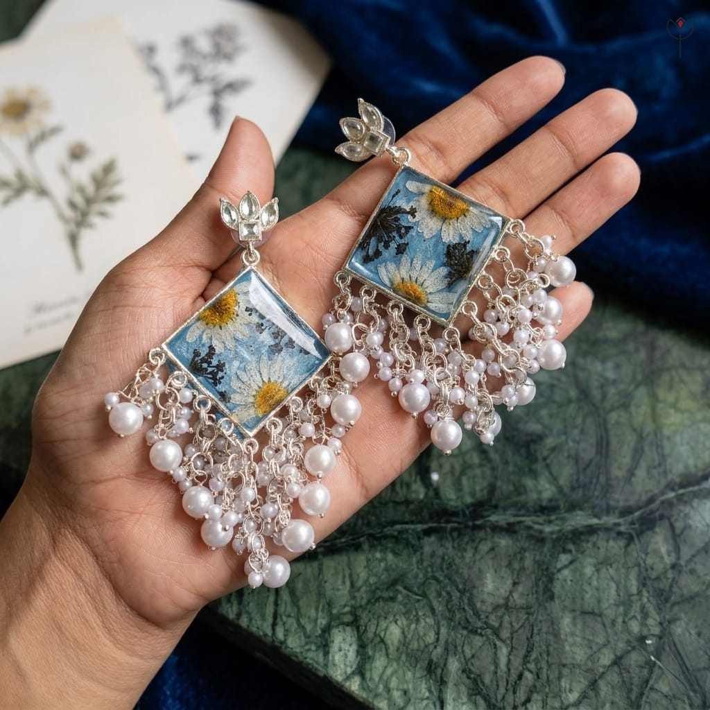 nyra-kundan-jhumka-blue-floral-handmade Nyra Kundan Jhumka handcrafted with white daisies and Queen Anne's Lace