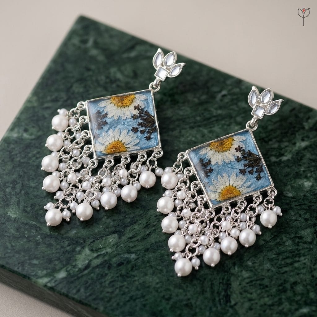 nyra-kundan-jhumka-daisy-lace-jewelry Nyra Kundan Jhumka featuring real daisies and Queen Anne's Lace in a blue resin frame