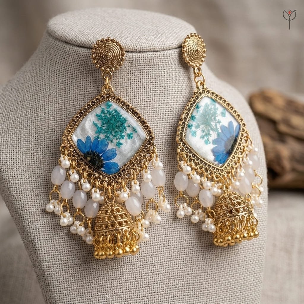 Close-up of real blue daisy and Queen Anne's Lace in resin jhumka