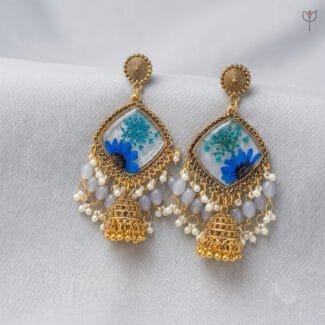 Bluebell Meadow Jhumka - golden oxidised blue daisy earrings with Queen Anne's Lace