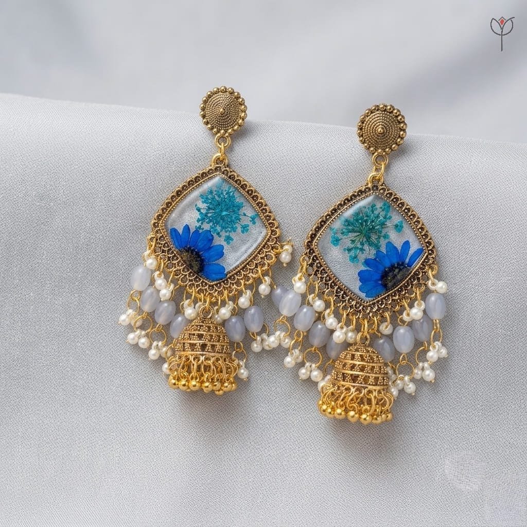 Bluebell Meadow Jhumka - golden oxidised blue daisy earrings with Queen Anne's Lace