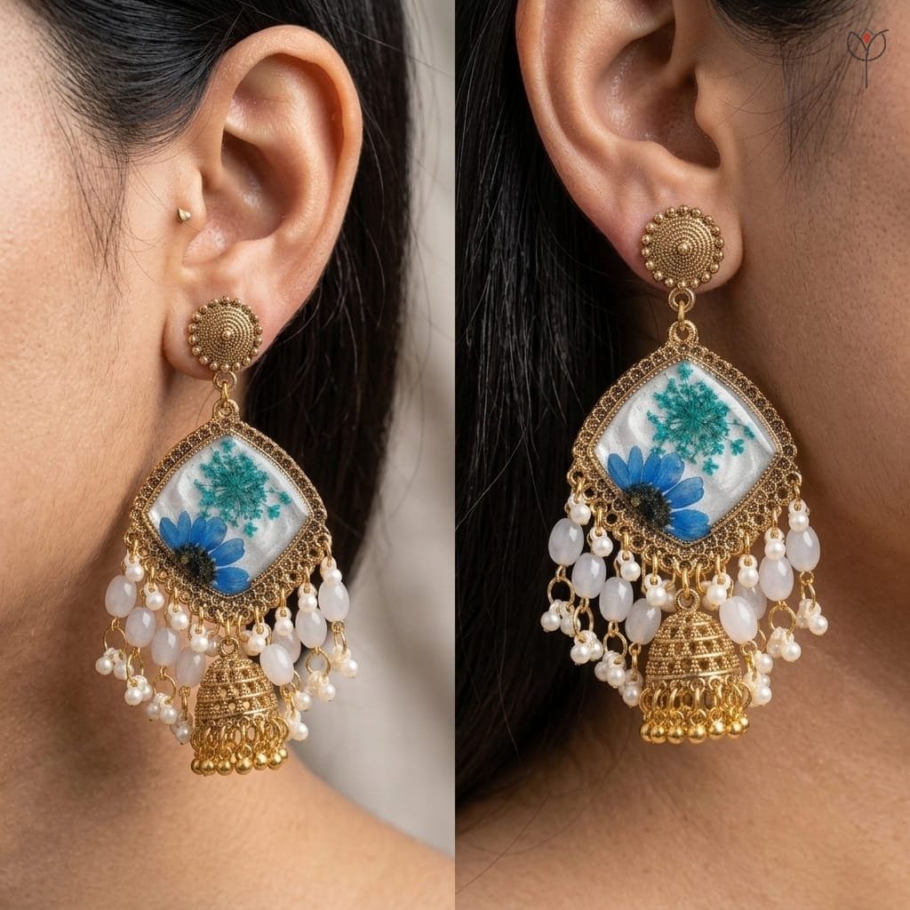 Bluebell Meadow Jhumka side view with grey beads and pearl tassels