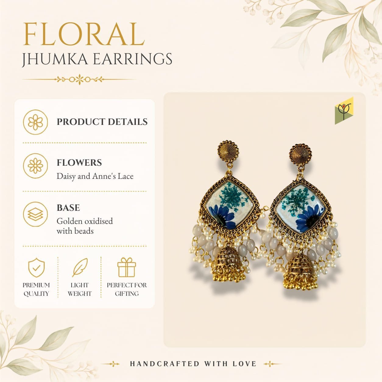 Bluebell Meadow Jhumka product details - real flower, oxidised finish, bead specifications