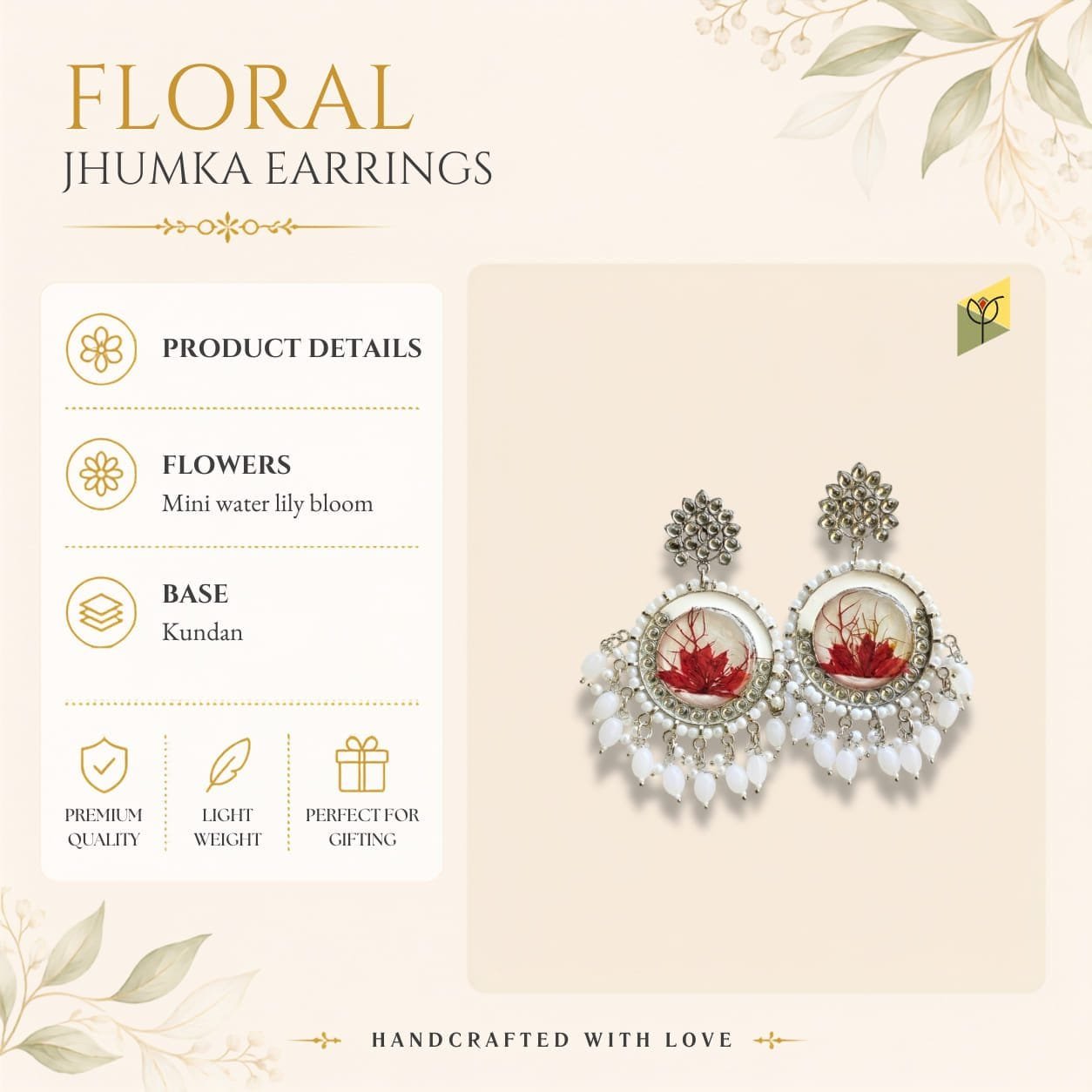 frost-lily-resin-jhumka-product-details-specifications Frost Lily Resin Jhumka product details - real flower, kundan finish specifications