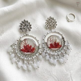 Frost Lily Resin Jhumka - silver kundan earrings with real red water lily