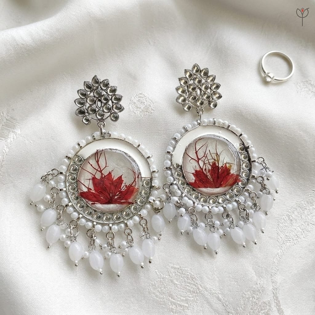 frost-lily-resin-jhumka-silver-kundan-earrings Frost Lily Resin Jhumka - silver kundan earrings with real red water lily