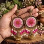 Gilded Daisy Jhumka - golden oxidised earrings with pink daisy
