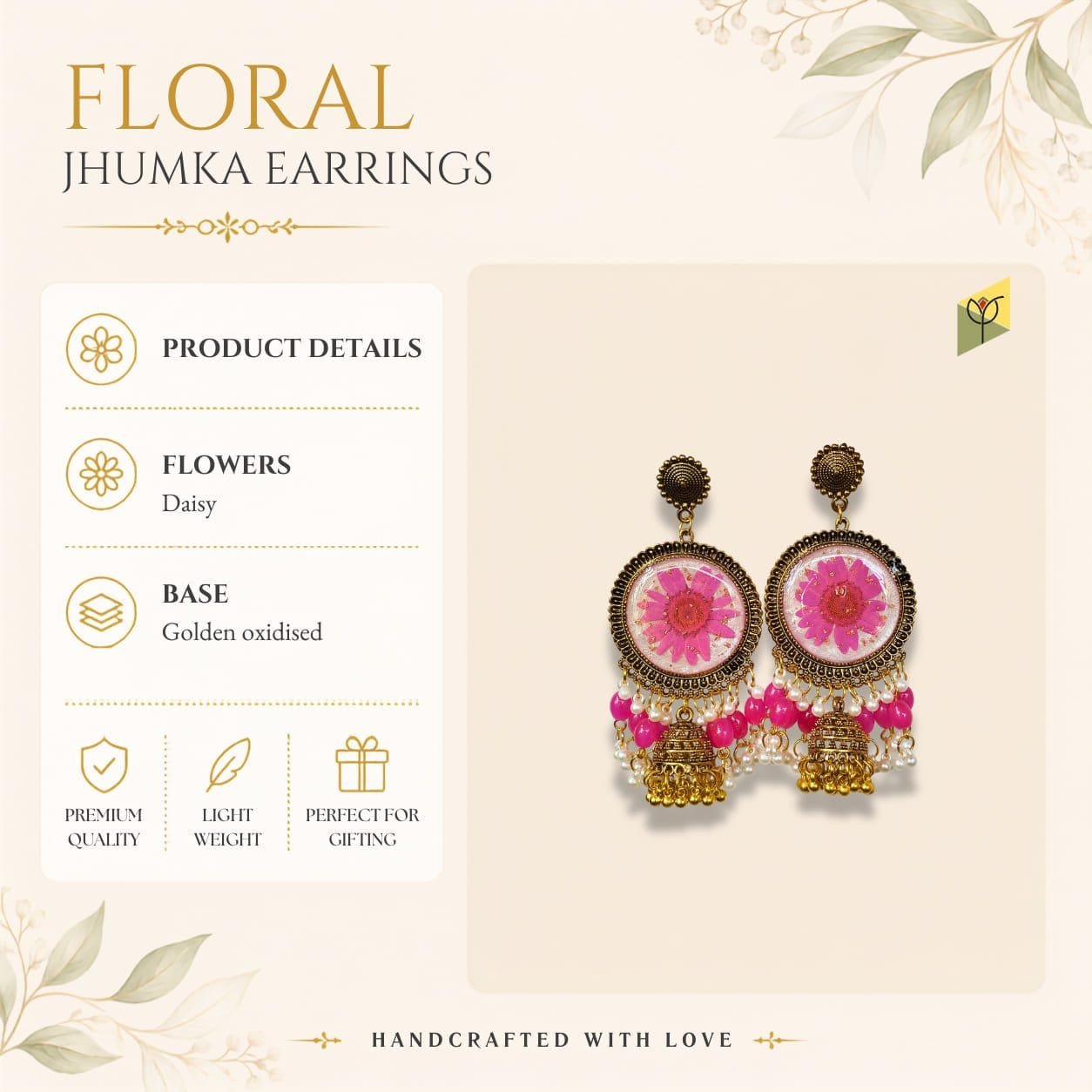 gilded-daisy-jhumka-product-details-specifications Gilded Daisy Jhumka product details - real flower, oxidised finish, bead specifications