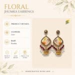 Detail of the maroon beads, pearl droplets and small golden jhumka bell hanging from the Gilded Lace Meadow Resin Jhumka.