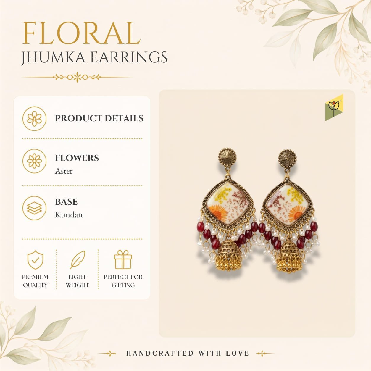 Detail of the maroon beads, pearl droplets and small golden jhumka bell hanging from the Gilded Lace Meadow Resin Jhumka.