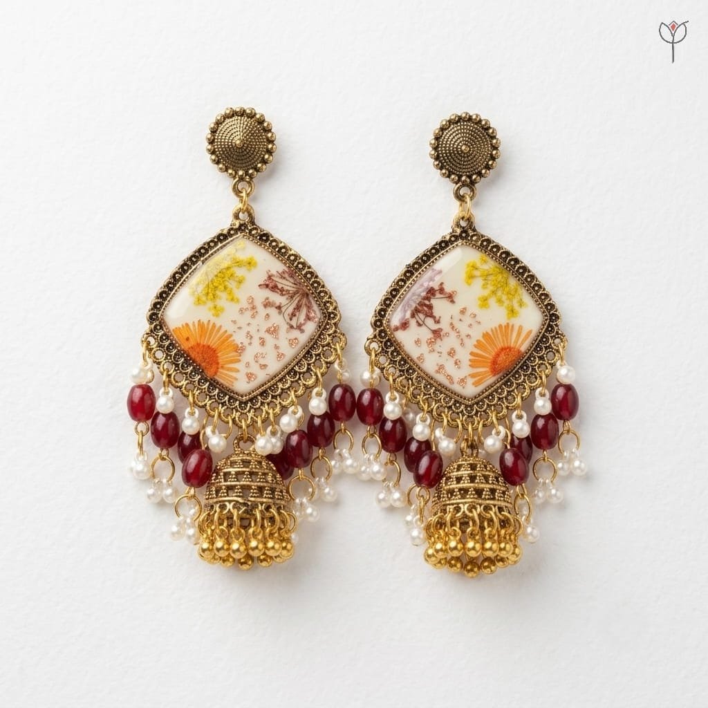 Close view of the pressed Queen Anne's lace and orange aster sealed in ivory resin at the centre of the Gilded Lace Meadow Resin Jhumka.