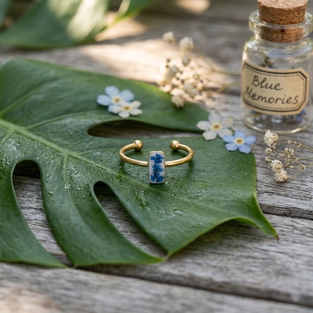 Golden Autumn Ring styled in a flat-lay with autumn-hued botanical elements