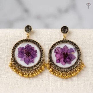 Lilac Veil Resin Jhumka - golden oxidised earrings with real lilac flowers