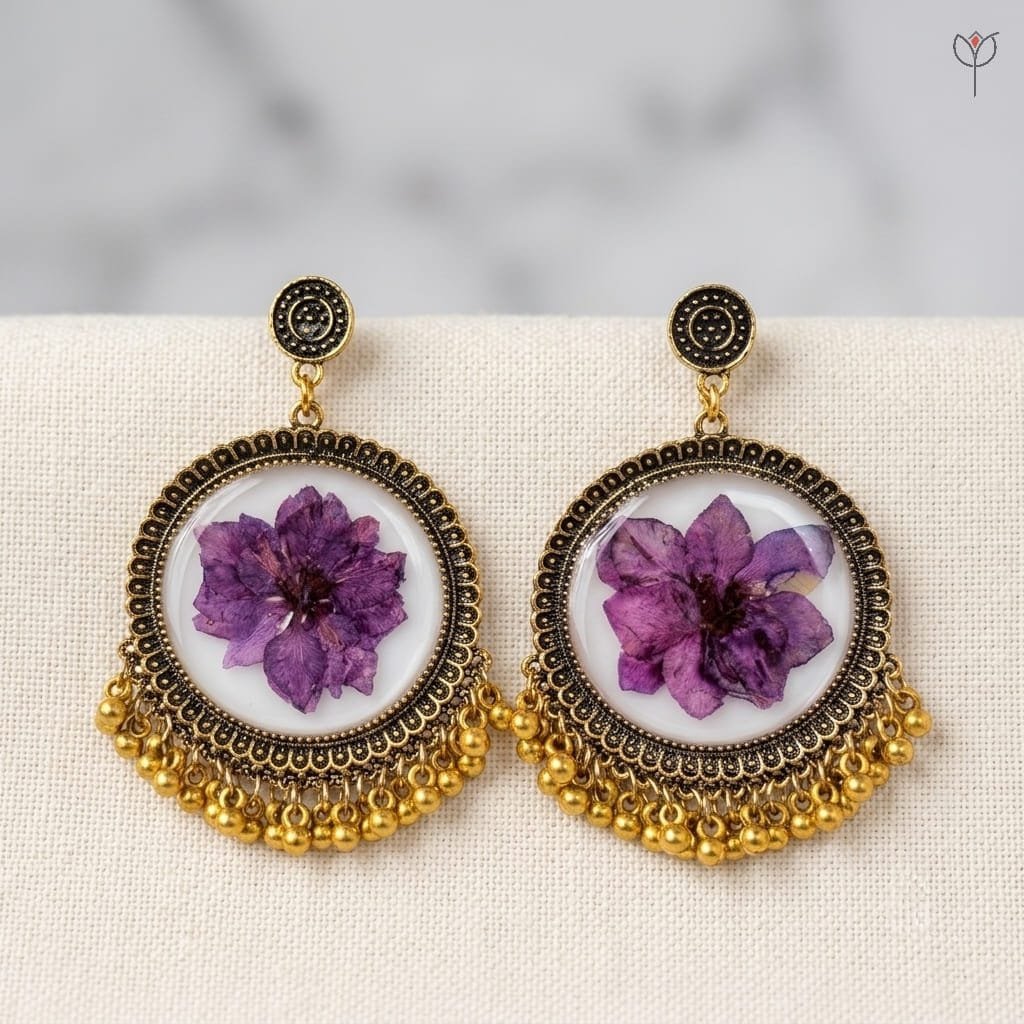 lilac-veil-resin-jhumka-golden-oxidised-earrings Lilac Veil Resin Jhumka - golden oxidised earrings with real lilac flowers
