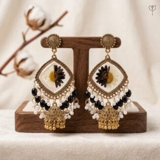 Noir Daisy Jhumka - golden oxidised earrings with real white daisy and black beads