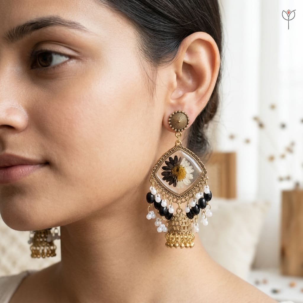 noir-daisy-jhumka-model-wearing-earrings Model wearing Noir Daisy Jhumka - real flower earrings with black bead tassels