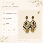 Noir Daisy Jhumka product details - real flower, oxidised finish, bead specifications