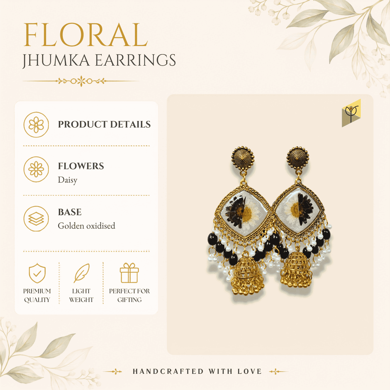 noir-daisy-jhumka-product-details-specifications Noir Daisy Jhumka product details - real flower, oxidised finish, bead specifications