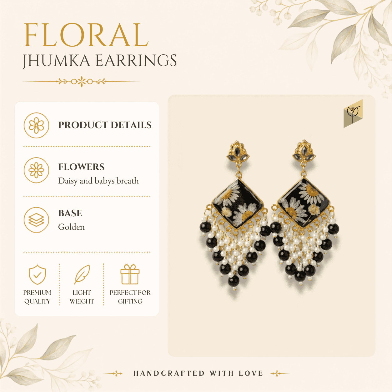 Detail of the black onyx-style beads and white pearl clusters forming the fringe of the Onyx Daisy Jhumka.